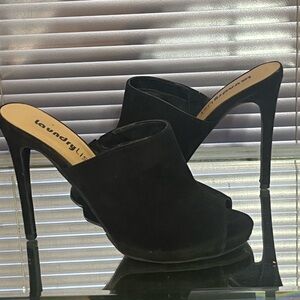 Black suede stiletto high heel heeled mule open toe sandals ladies slide shoes